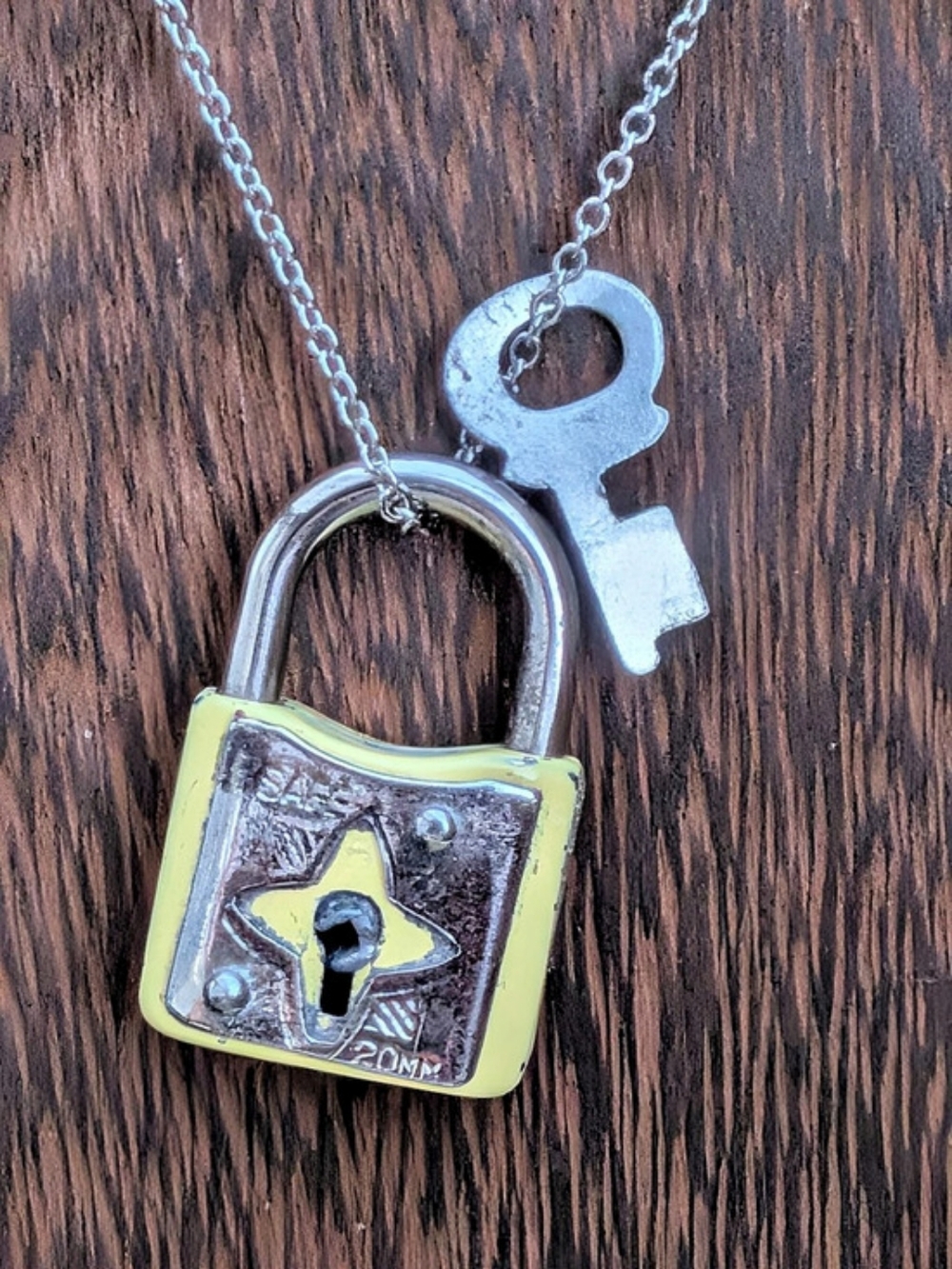Rare Vintage Made in Japan Yellow Toy Luggage Lock Key Necklace S. Steel